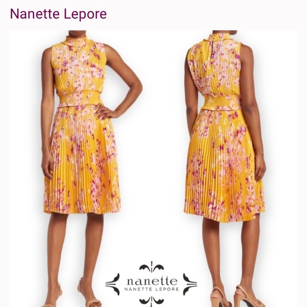 Nanette Laporte high smocked neck / waist accordion midi dress yellow purple 12